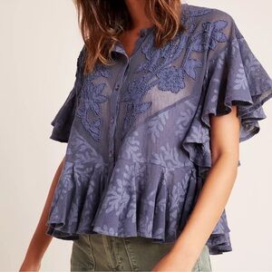 BRAND NEW Anthropologie Beckett Sheer Blue Beaded Flowy Ruffle Blouse Size Large